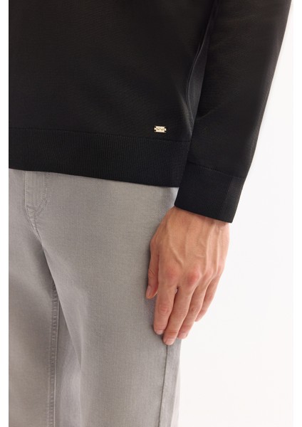 Erkek Siyah Polo Yaka Fermuarlı Çizgili Triko Regular Fit Kazak A52Y5090