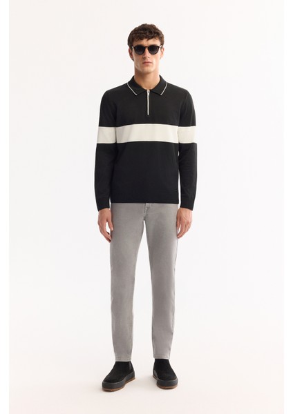 Erkek Siyah Polo Yaka Fermuarlı Çizgili Triko Regular Fit Kazak A52Y5090