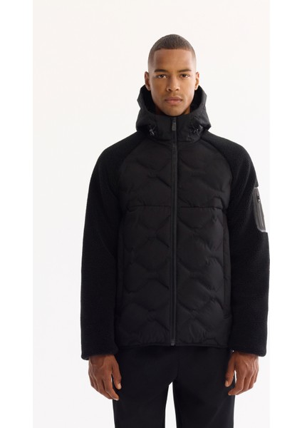 Erkek Siyah Kapüşonlu Rüzgar Geçirmez -5 Dereceye Dayanıklı Peluş Regular Fit Mont A52Y6077