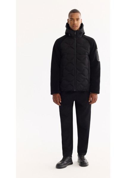 Erkek Siyah Kapüşonlu Rüzgar Geçirmez -5 Dereceye Dayanıklı Peluş Regular Fit Mont A52Y6077