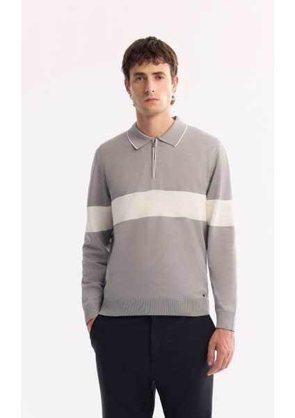 Erkek Gri Polo Yaka Fermuarlı Çizgili Triko Regular Fit Kazak A52Y5090