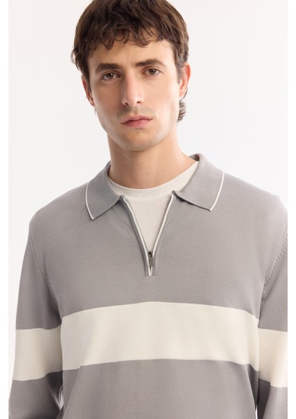 Erkek Gri Polo Yaka Fermuarlı Çizgili Triko Regular Fit Kazak A52Y5090 modelleri