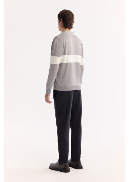 Erkek Gri Polo Yaka Fermuarlı Çizgili Triko Regular Fit Kazak A52Y5090