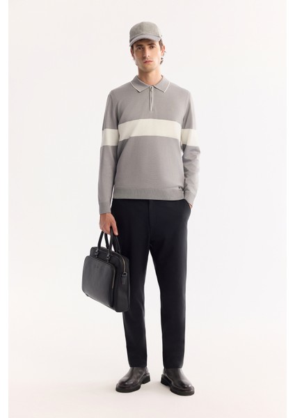 Erkek Gri Polo Yaka Fermuarlı Çizgili Triko Regular Fit Kazak A52Y5090