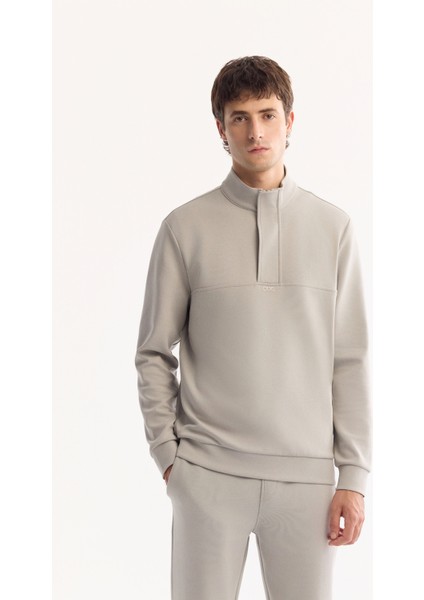 Erkek Gri Dik Yaka Fermuarlı Pamuklu Bi-Stretch Regular Fit Sweatshirt A52Y1282
