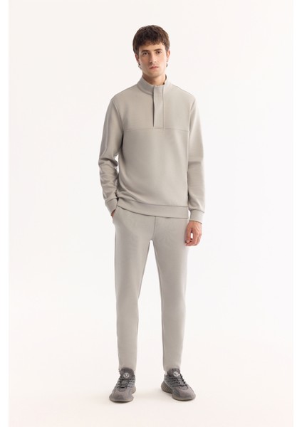 Erkek Gri Dik Yaka Fermuarlı Pamuklu Bi-Stretch Regular Fit Sweatshirt A52Y1282
