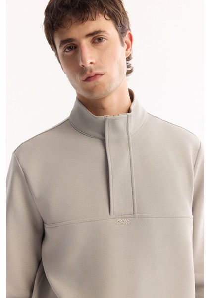 Erkek Gri Dik Yaka Fermuarlı Pamuklu Bi-Stretch Regular Fit Sweatshirt A52Y1282