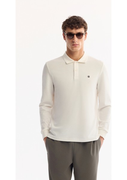 Erkek Ekru Polo Yaka Pamuklu Basic Slim Fit Sweatshirt B001080