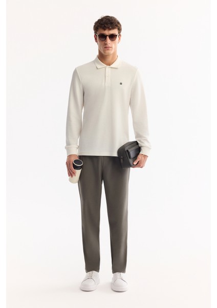 Erkek Ekru Polo Yaka Pamuklu Basic Slim Fit Sweatshirt B001080