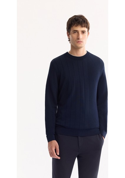 Erkek Lacivert Bisiklet Yaka Rayon Tüylenmeyen Dokulu Triko Regular Fit Kazak A52Y5017