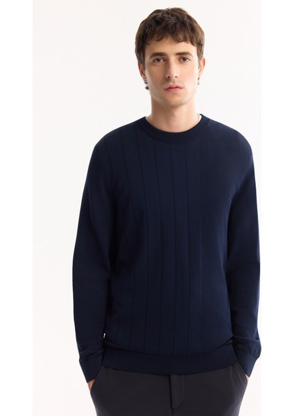 Erkek Lacivert Bisiklet Yaka Rayon Tüylenmeyen Dokulu Triko Regular Fit Kazak A52Y5017