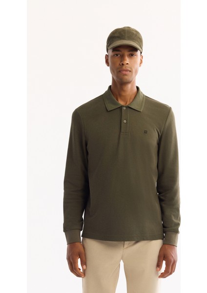 Erkek Haki Polo Yaka Pamuklu Basic Slim Fit Sweatshirt B001080