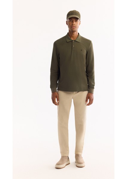 Erkek Haki Polo Yaka Pamuklu Basic Slim Fit Sweatshirt B001080