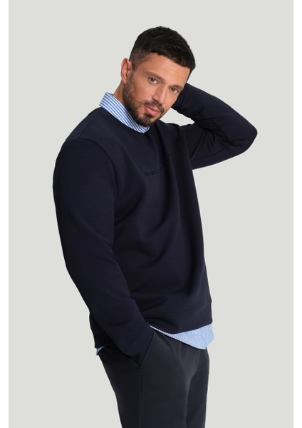 Erkek Lacivert Bisiklet Yaka Pamuklu Baskılı Elastan Regular Fit Sweatshirt A42Y1221