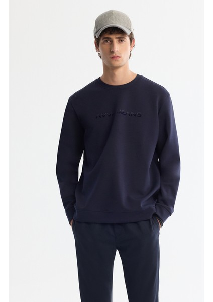 Erkek Lacivert Bisiklet Yaka Pamuklu Baskılı Elastan Regular Fit Sweatshirt A42Y1221 modelleri