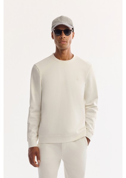 Erkek Ekru Bisiklet Yaka Pamuklu Bi-Stretch Regular Fit Sweatshirt A52Y1272