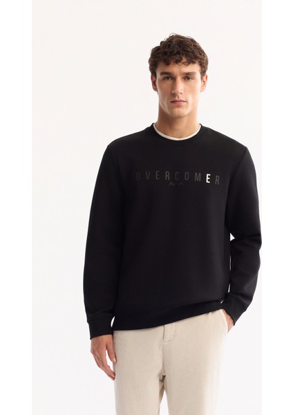 Erkek Siyah Bisiklet Yaka Pamuklu Baskılı Regular Fit Sweatshirt A52Y1301