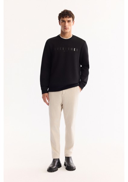 Erkek Siyah Bisiklet Yaka Pamuklu Baskılı Regular Fit Sweatshirt A52Y1301