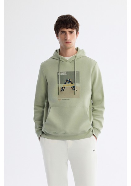 Erkek Mint Yeşil Kapüşonlu Pamuklu Baskılı Elastan Regular Fit Sweatshirt A42Y1321