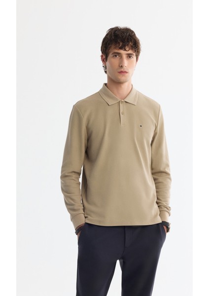 Erkek Vizon Polo Yaka Pamuklu Basic Slim Fit Sweatshirt B001080