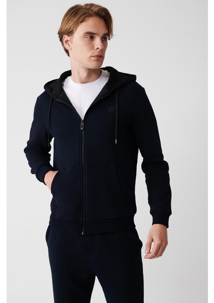 Erkek Lacivert Kapüşonlu 3 İplik Şardonlu Fermuarlı Regular Fit Sweatshirt E001019