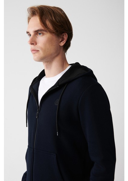 Erkek Lacivert Kapüşonlu 3 İplik Şardonlu Fermuarlı Regular Fit Sweatshirt E001019 fiyatları