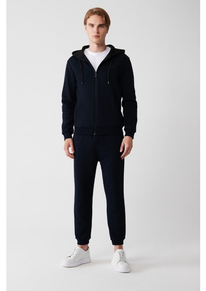 Erkek Lacivert Kapüşonlu 3 İplik Şardonlu Fermuarlı Regular Fit Sweatshirt E001019 indirimleri