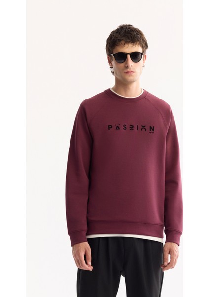 Erkek Mürdüm Bisiklet Yaka Pamuklu Bi-Stretch Baskılı Regular Fit Sweatshirt A52Y1249