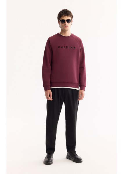 Erkek Mürdüm Bisiklet Yaka Pamuklu Bi-Stretch Baskılı Regular Fit Sweatshirt A52Y1249