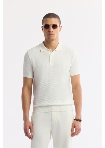 Erkek Ekru Polo Yaka Viskon Karışımlı Basic Triko Regular Fit T-Shirt B005120