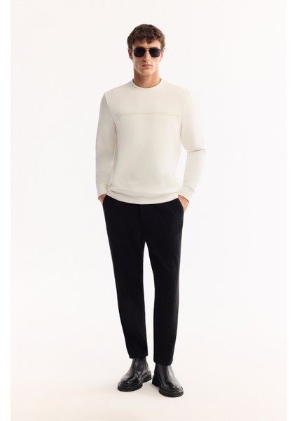 Erkek Ekru Bisiklet Yaka Pamuklu Bi-Stretch Baskılı Regular Fit Sweatshirt A52Y1325