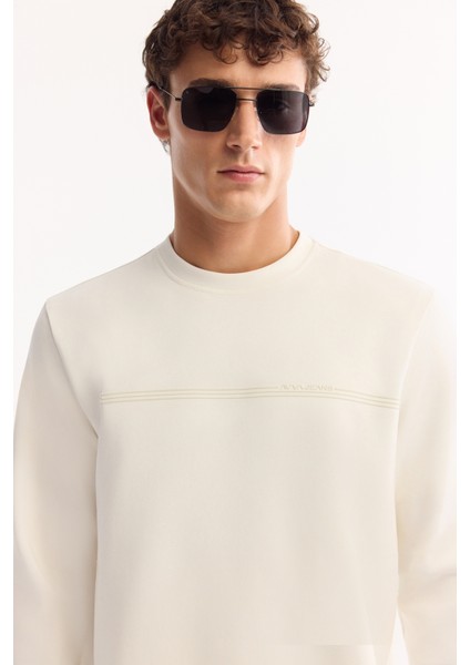 Erkek Ekru Bisiklet Yaka Pamuklu Bi-Stretch Baskılı Regular Fit Sweatshirt A52Y1325