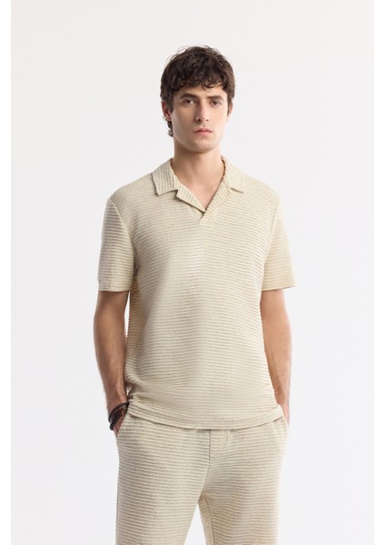 Erkek Bej Beli Lastikli Bağcıklı Keten Karışımlı Örme Regular Fit Şort A51Y3601