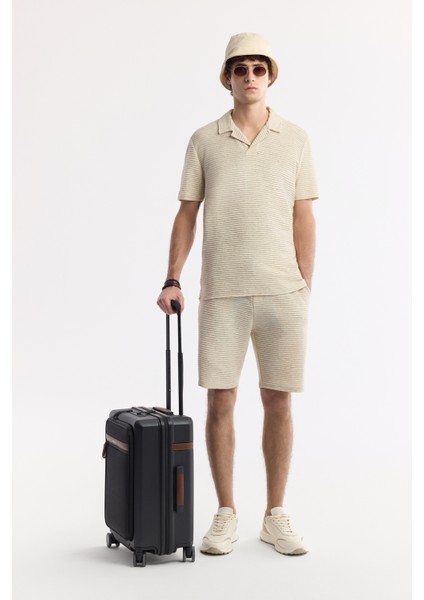 Erkek Bej Beli Lastikli Bağcıklı Keten Karışımlı Örme Regular Fit Şort A51Y3601