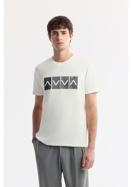 Erkek Ekru Bisiklet Yaka Baskılı Bi-Stretch İnterlok Regular Fit T-Shirt A51Y1092