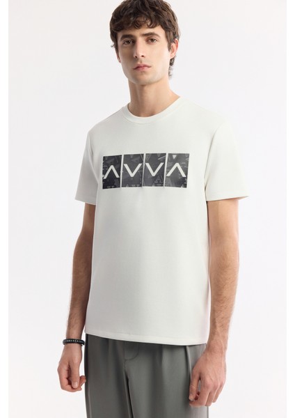 Erkek Ekru Bisiklet Yaka Baskılı Bi-Stretch İnterlok Regular Fit T-Shirt A51Y1092