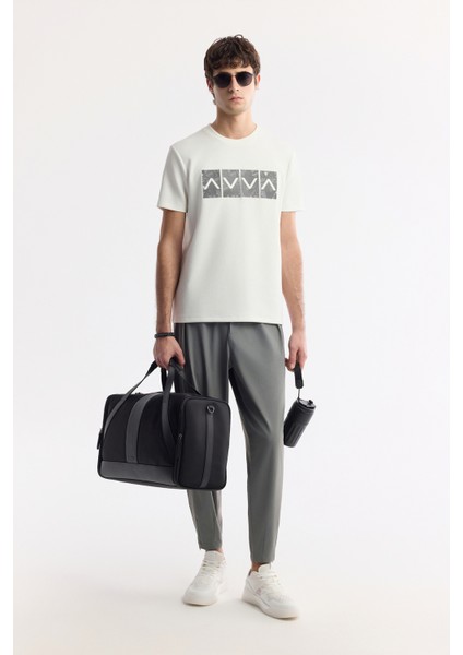 Erkek Ekru Bisiklet Yaka Baskılı Bi-Stretch İnterlok Regular Fit T-Shirt A51Y1092