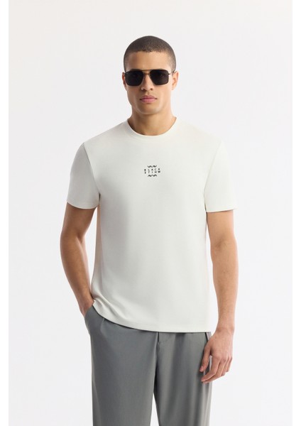 Erkek Ekru Bisiklet Yaka Baskılı Bi-Stretch İnterlok Regular Fit T-Shirt A51Y1162