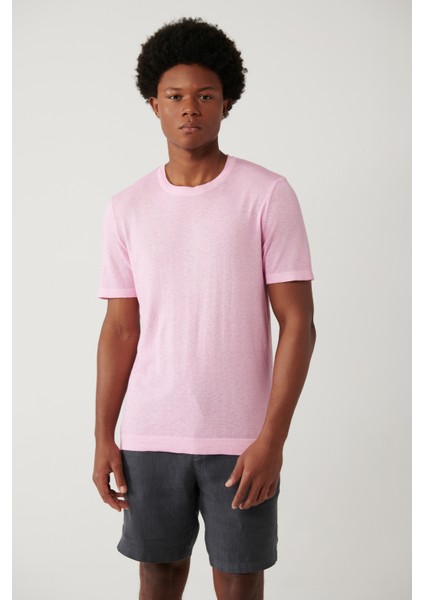 Erkek Pembe Bisiklet Yaka Triko Regular Fit T-Shirt A41Y5074 modelleri