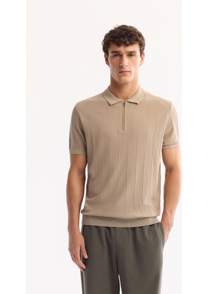 Erkek Vizon Polo Yaka Fermuarlı Rayon Tüylenmeyen Çizgili Triko Regular Fit T-Shirt A52Y5010