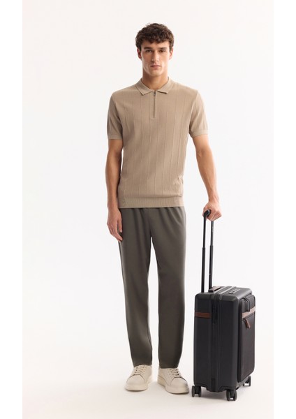 Erkek Vizon Polo Yaka Fermuarlı Rayon Tüylenmeyen Çizgili Triko Regular Fit T-Shirt A52Y5010