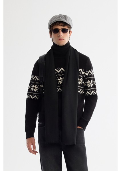 Erkek Siyah Tam Balıkçı Yaka Kar Desenli Soft Touch Triko Regular Fit Kazak A42Y5147