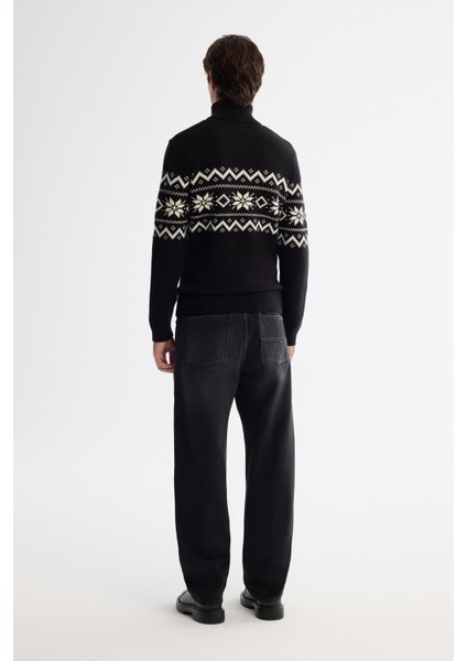 Erkek Siyah Tam Balıkçı Yaka Kar Desenli Soft Touch Triko Regular Fit Kazak A42Y5147 modelleri