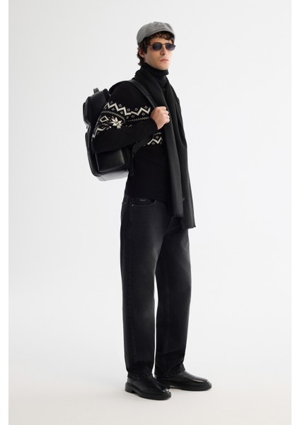 Erkek Siyah Tam Balıkçı Yaka Kar Desenli Soft Touch Triko Regular Fit Kazak A42Y5147 fırsatları