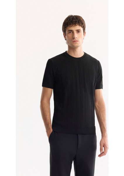 Erkek Siyah Bisiklet Yaka Rayon Tüylenmeyen Çizgili Triko Regular Fit T-Shirt A52Y5005