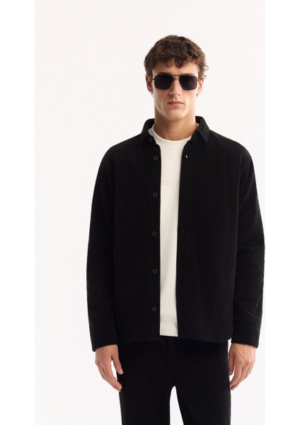 Erkek Siyah Klasik Yaka Kadife Comfort Fit Gömlek Ceket A52Y2103