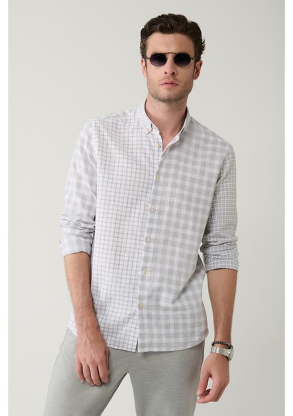 Erkek Gri Ekose Parçalı Keten Karışımlı Regular Fit Gömlek A41Y2052