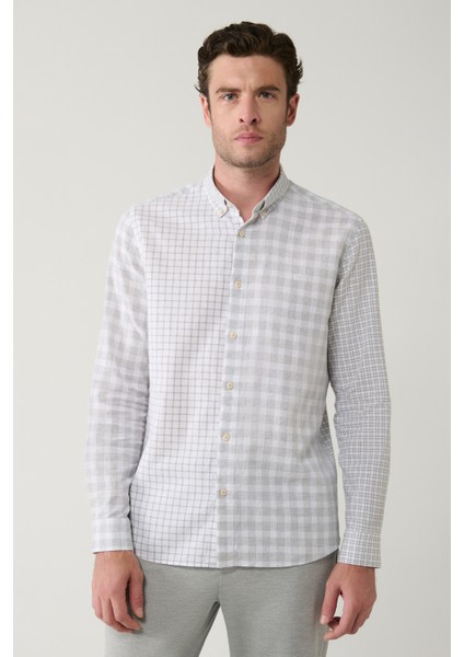 Erkek Gri Ekose Parçalı Keten Karışımlı Regular Fit Gömlek A41Y2052 modelleri