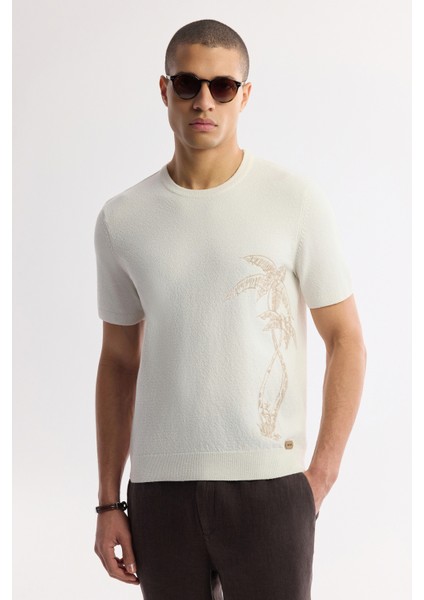 Erkek Ekru Bisiklet Yaka Pamuklu Triko Regular Fit T-Shirt A51Y5012