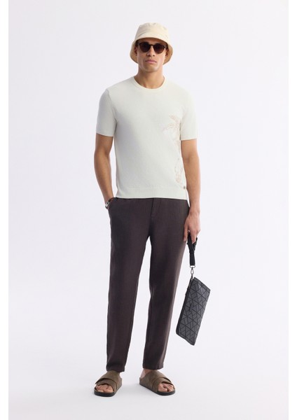 Erkek Ekru Bisiklet Yaka Pamuklu Triko Regular Fit T-Shirt A51Y5012